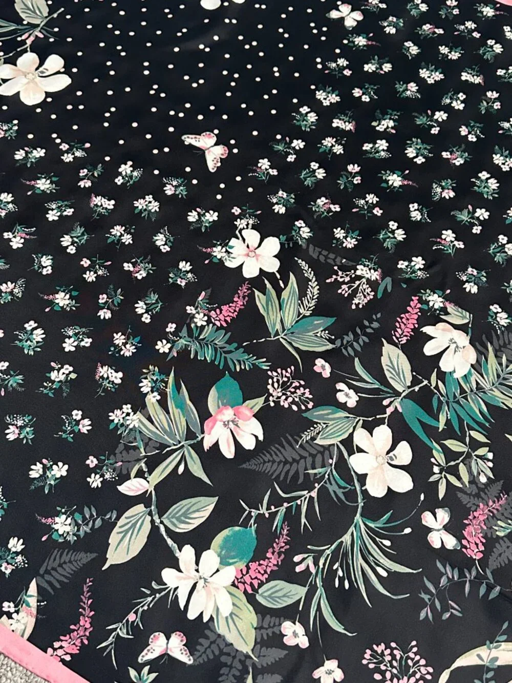 Kate Spade Black Botanical Floral Silk Square Scarf Pink Border Butterflies